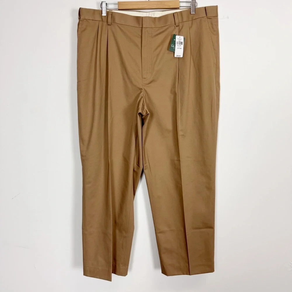 LL Bean Comfort Waist Dress Chino Pants 42 x 29.75 Dark Khaki Pleated 262556 NWT